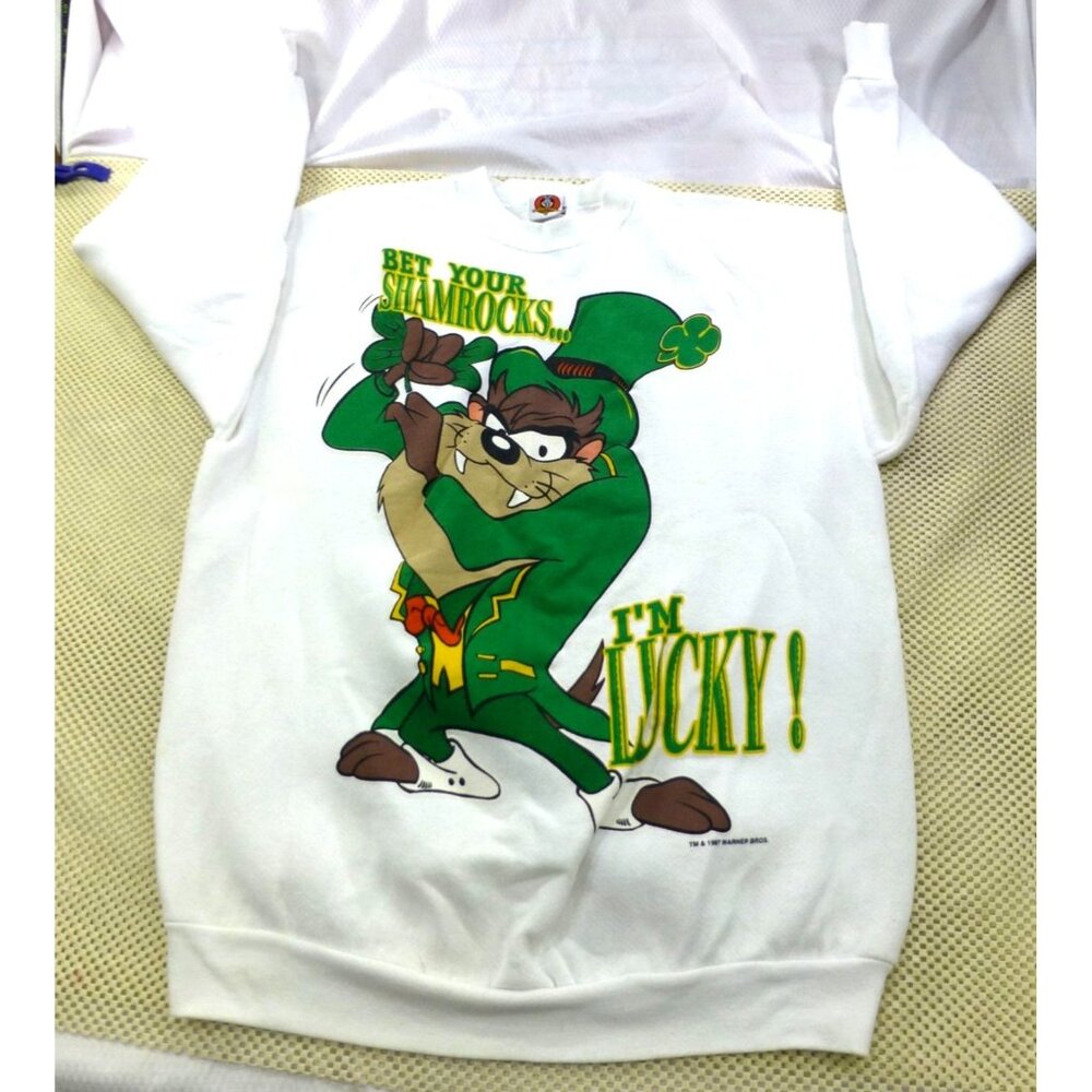 Vintage 1997 Looney Tunes Taz Im Lucky Sweatshirt St. Patricks Day Large White - Picture 1 of 12